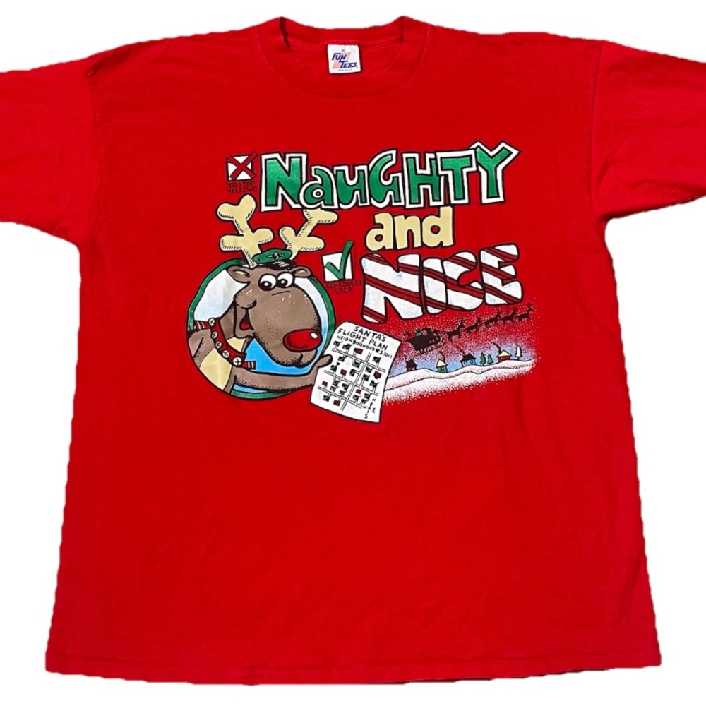 Vtg Naughty and Nice Christmas Shirt Men XL Single Stitch 90s